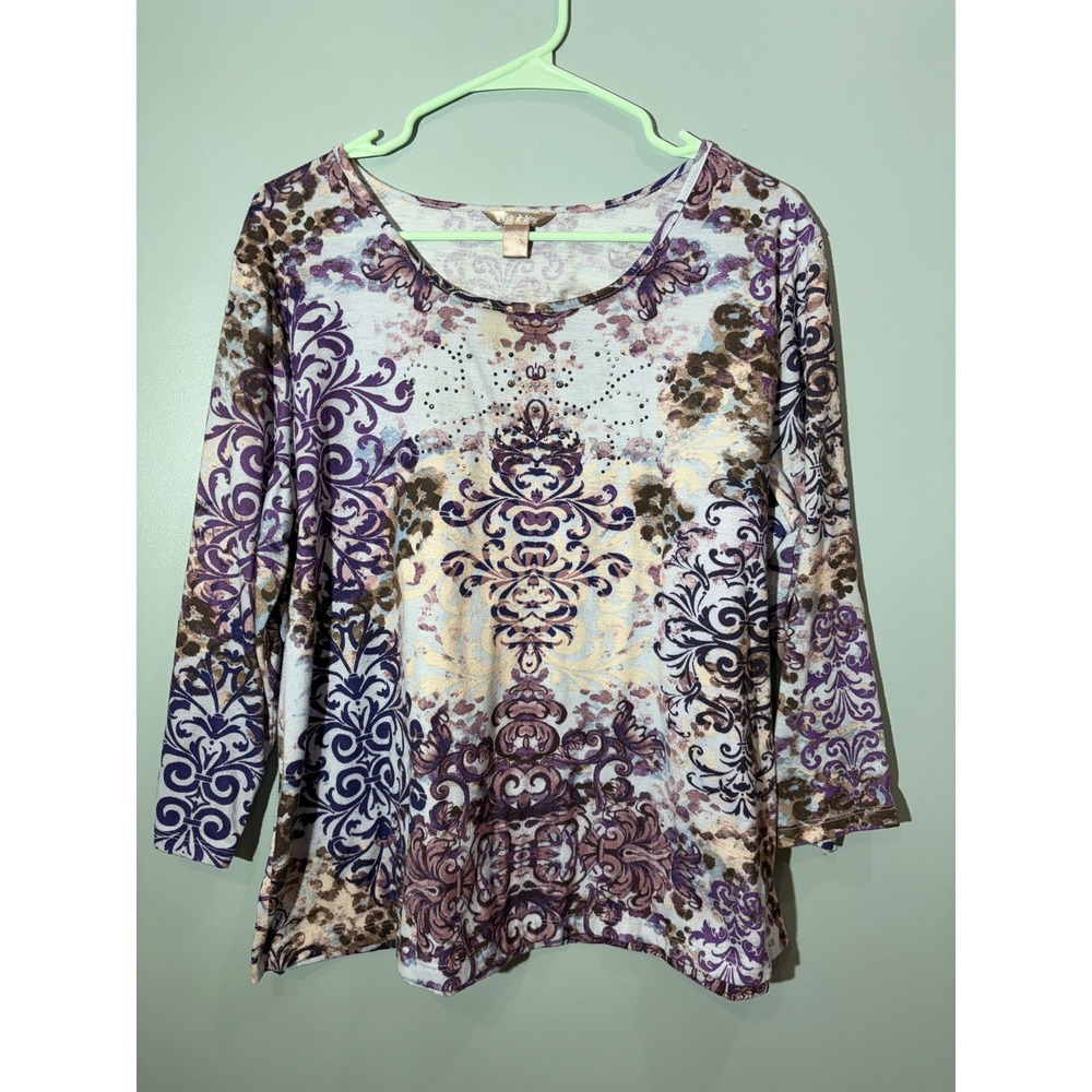 White Stag Womens XXL Purple Paisley Damask Rhinestone 3/4 Sleeve Blouse Top